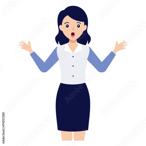 Surprised businesswoman in formal attire with hands outstretched in astonishment and wide open mouth