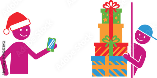 Festive person with smartphone peeks around stack of colorful Christmas gifts.