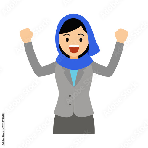 Cheerful Muslim businesswoman celebrating success with fists raised vector illustration on white background