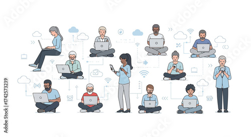 Diverse people learning and working online with laptops and tablets various ages