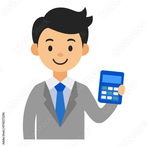 Cartoon Businessman Holding Calculator Demonstrating Financial Acumen and Mathematical Skills Perfect for Corporate and Business Presentations