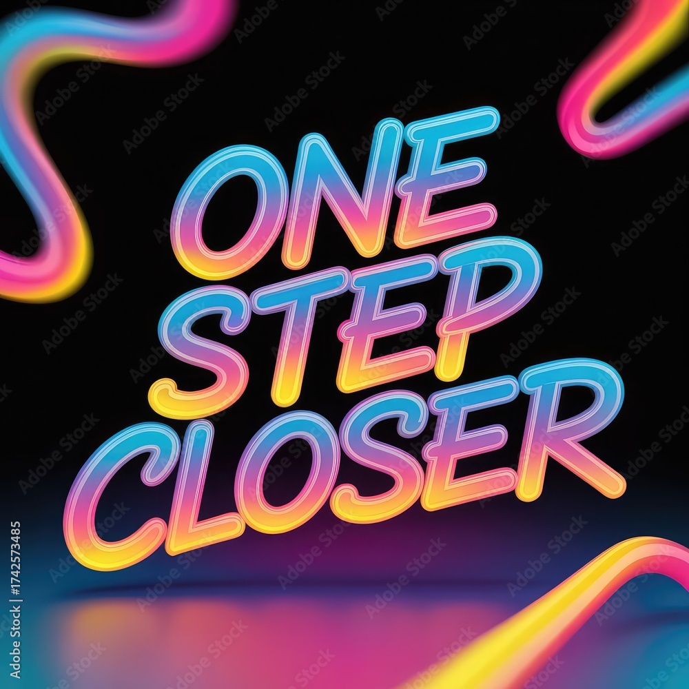 Obraz premium Neon turquoise motivational phrase displayed on a dark, starry background. Motivational message displayed with a modern, glowing design. 
