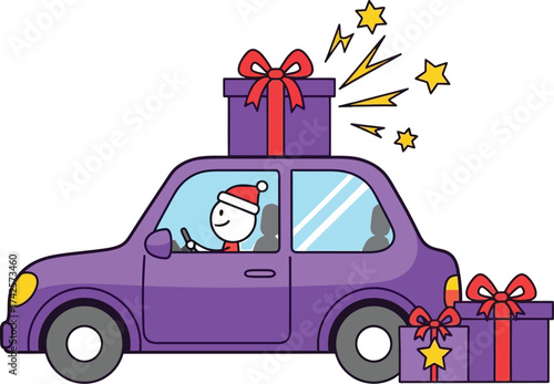 Joyful character drives a car overloaded with festive Christmas gifts and sparkling stars.