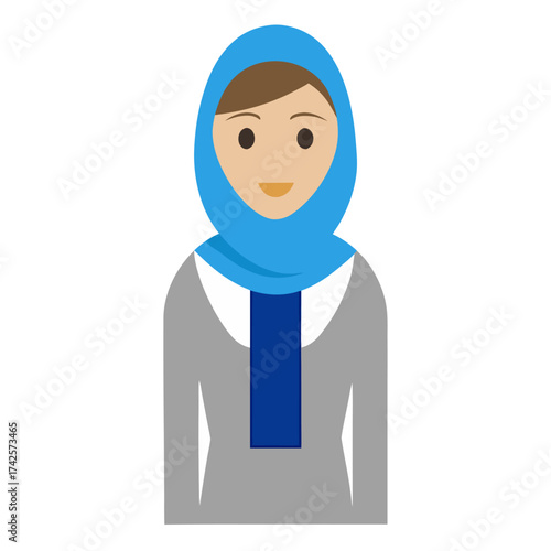 Illustration of a woman in a hijab with a friendly expression and simple design