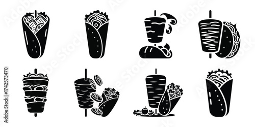 doner kebab simple silhouette vector illustration icon set