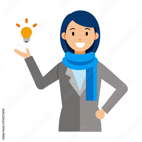 Smiling businesswoman presenting idea in the form of lightbulb flat design illustration