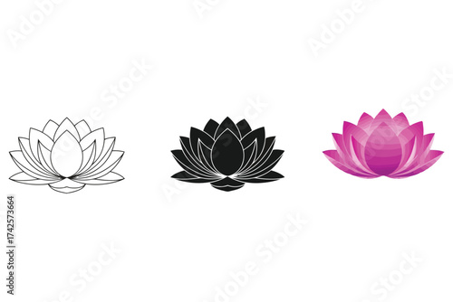Vector art of three lotus flower illustrations in different styles, perfect for design projects