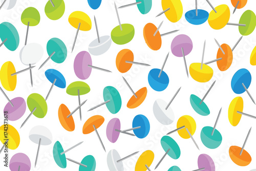 Vector art of seamless pattern of colorful push pins scattered on, perfect for stationery projects