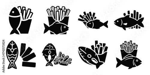 fish and chips simple silhouette vector illustration icon set