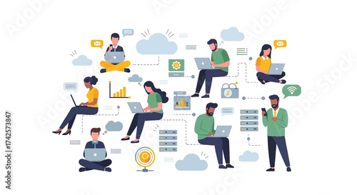 Diverse people collaborating online using laptops and digital devices for remote work