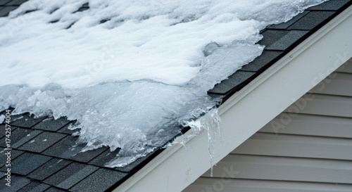 Ice and snow accumulation on roof and gutter in winter  