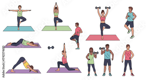 Diverse group engages in yoga and strength training fitness activities capturing healthy lifestyles