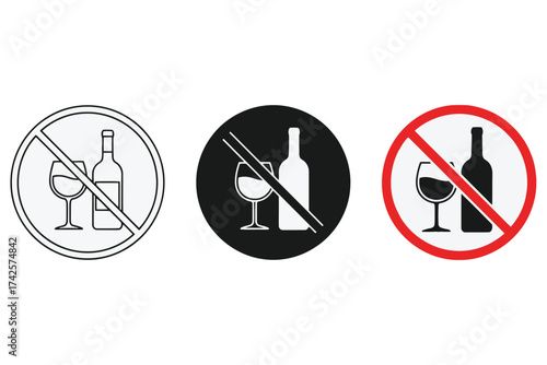 Vector art of no alcohol sign, prohibition of alcoholic beverages in various styles and colors