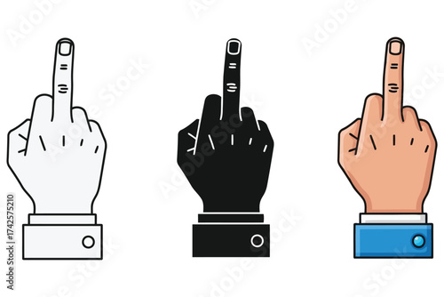 Illustration of middle finger gesture in three styles, an offensive hand sign