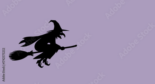 Flying Witch Silhouette On Lilac Background For Halloween Season