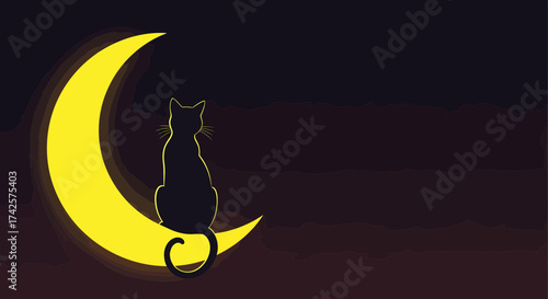 Mystical Night Scene With Black Cat Sitting On Crescent Moon