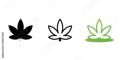 Three Cannabis Leaf Icons Representing Different Styles and Options for Legalization Concepts and Medical Marijuana Products