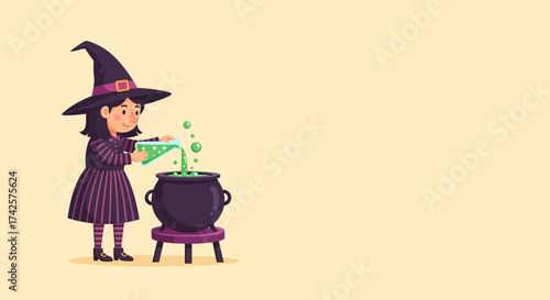 Whimsical Witch Brewing Potion For Spooky Celebrations Illustration