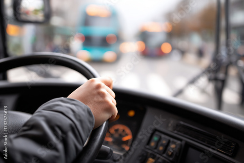 Close-up of driver’s hand holding steering wheel of passenger minibus, neutral background.