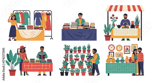 Diverse outdoor market stalls featuring clothing plants crafts and food for a vibrant community gathering