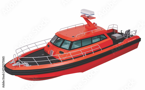 Vibrant Red Pilot Boat Illustration Ideal for Maritime and Transportation Design Projects Featuring Navigation Equipment and Modern Marine Technology