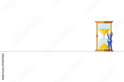 Vector art of businessman holding hourglass with sand running through time management concept