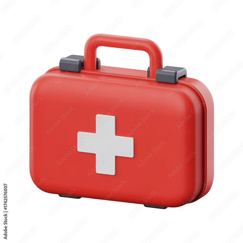 Fototapeta premium Red first aid kit with white cross symbol isolated on transparent background