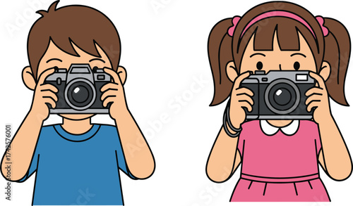 Cartoon kids taking photos with cameras, playful photography moment, childhood creativity, happy children activity, whimsical vector for education and fun