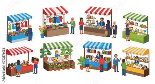 Vibrant miniature market stalls with figures offering goods and produce at a lively fair