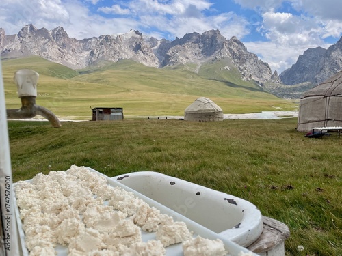 Kurut - a hard, salty, and tangy ball of dried, fermented dairy - laid on plate to be sun-dried. Kel Suu, Kyrgyzstan.