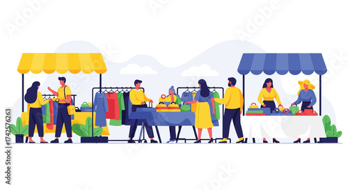 Bustling outdoor market scene with vendors and shoppers engaging with goods