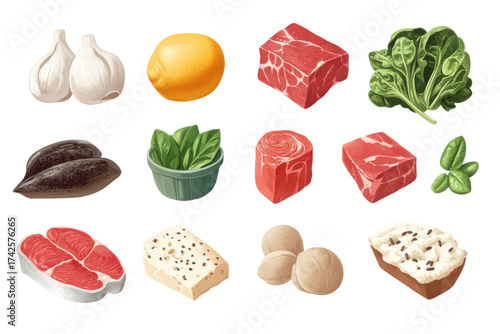 Assortment of fresh ingredients including meat lemon garlic and herbs for gourmet cooking preparation on transparent background