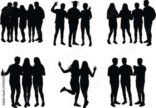Silhouette people celebrating together, graduation cap, social bonding, joyful interaction, group unity vector illustration for friendship and achievement concept
