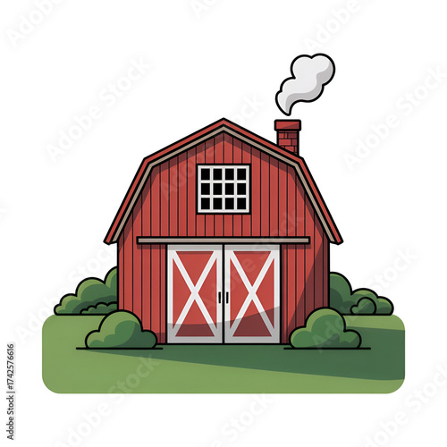 Red barn with double doors and a smoking chimney, surrounded by green bushes isolated on transparent background