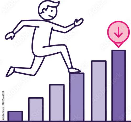 Determined person climbing steep graph bars towards a downward arrow goal.