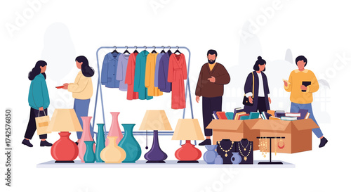 Diverse people shopping for clothes lamps vases and furniture at a market sale