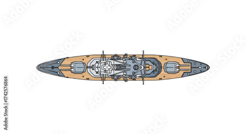 Top-down illustration of a vintage dreadnought battleship with wooden decks and large gun turrets.