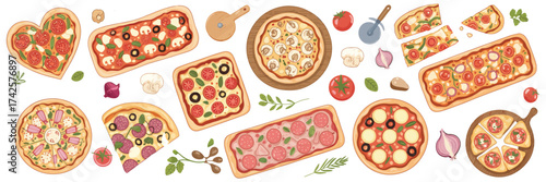 Italian Pizza Set with Whole and Sliced Pizzas. Fire-Baked Crusts on Wooden Boards, Various Ingredients and Shapes. Flat Vector Illustrations Isolated on White Background.