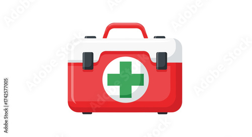 Red and White First Aid Kit with Green Cross Symbol.