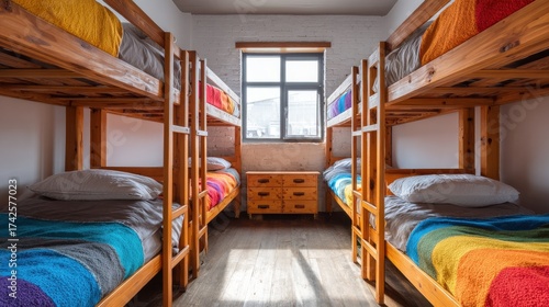 Cozy Hostel Room: An inviting hostel room features four bunk beds with colorful bedding, a shared space for travelers to connect and unwind. The room is bright and airy.