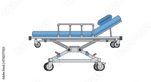Blue Medical Stretcher with Adjustable Headrest and Wheels for Patient Transport.