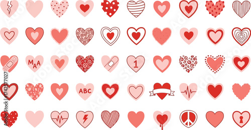 Collection of diverse heart shapes in various red and pink tones, symbolizing love and connection