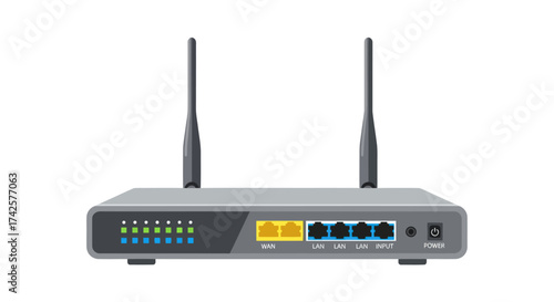 Gray Wireless Router with Two Antennas and Ports.
