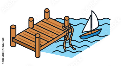 Isometric illustration of a wooden pier with mooring posts and a small sailboat floating on blue water.