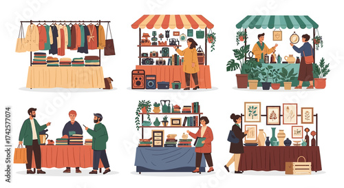 Diverse market stalls featuring artisanal crafts clothing food and artwork scenes