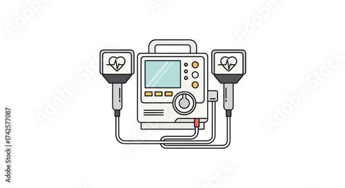 Medical Defibrillator Device with Paddles and Heartbeat Monitor Screen.