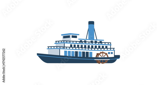 Classic Paddle Steamer Illustration with Blue and White Design.