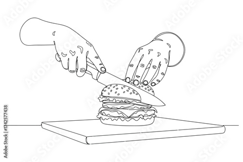 Vector art of hands cutting a burger on a wooden board vector line art illustration