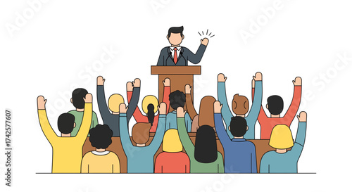 A group of people cheering on a speaker at a public assembly