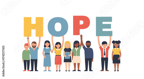 A group of diverse people holding up large letters spelling 'HOPE'